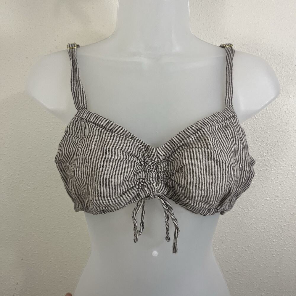 Lykke Wullf Linen Micro Crop Top Womens M Milkmaid Bustier Gray Cream Stripe